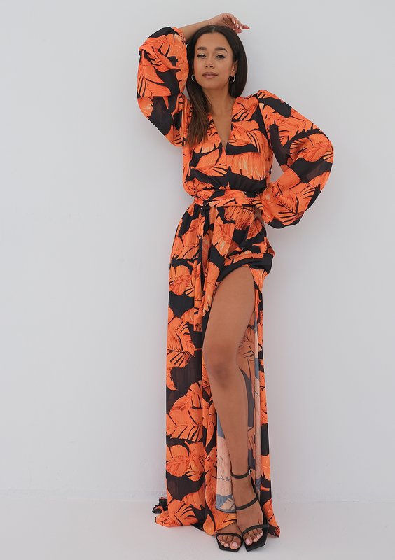 Adele - Sukienka maxi Orange Leaves