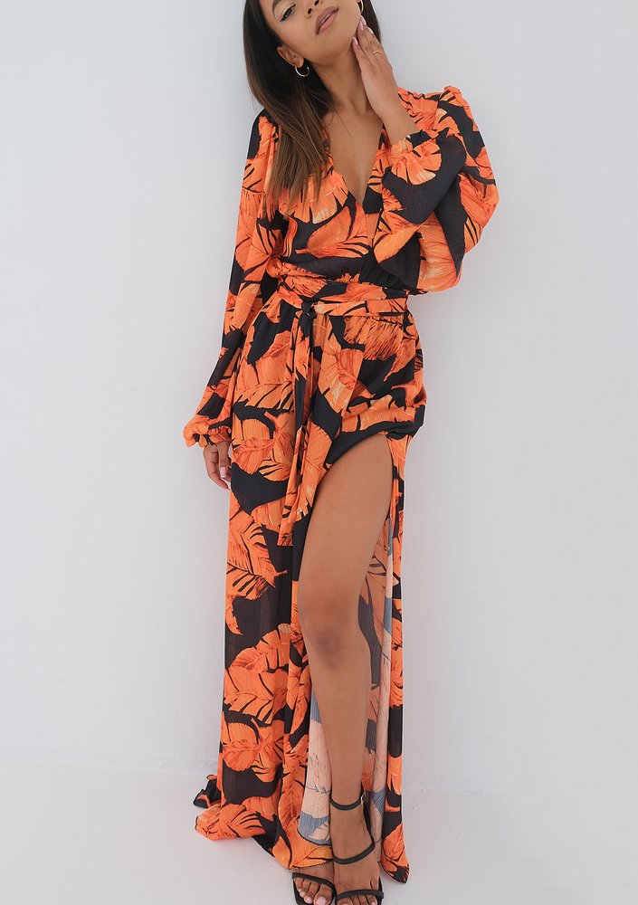 Adele - Sukienka maxi Orange Leaves