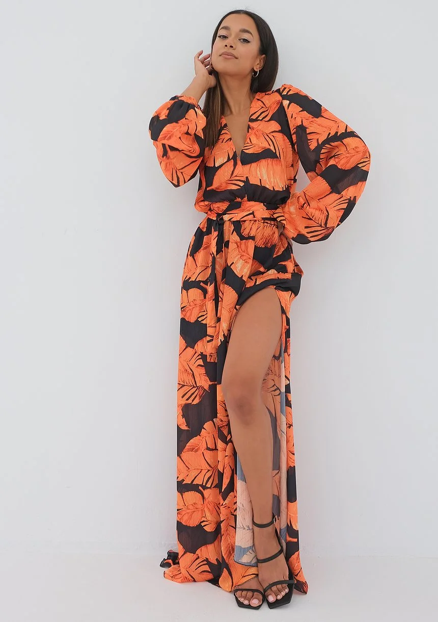 Adele - Maxi dress with orange leaves print