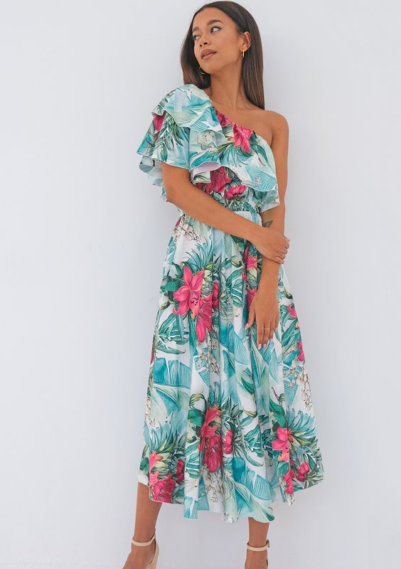 Jules - tropical printed ruffled midi dress