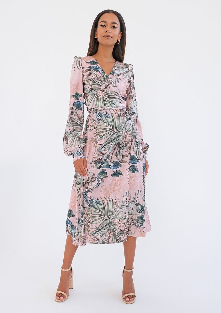 Jade - powder pink midi wrap dress in leaves
