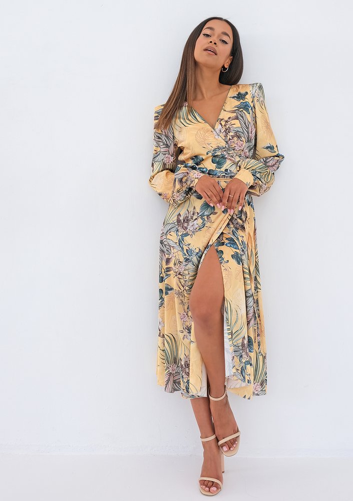 Jade - yellow midi wrap dress in leaves