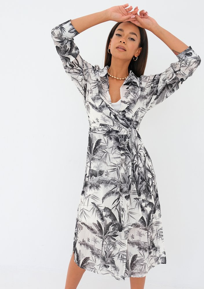 Gaya - black palms printed wrap shirt dress
