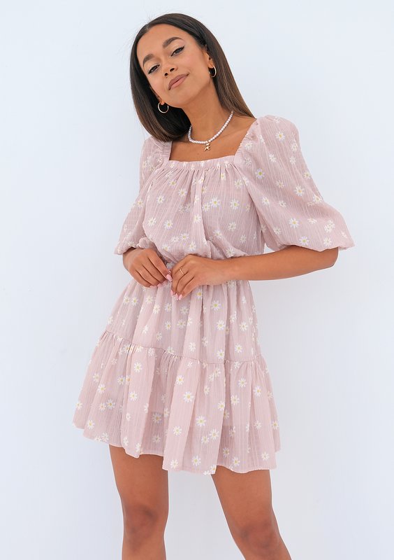 Maud - daisy patterned powder pink mini dress