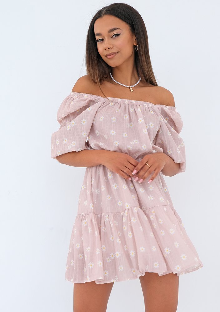 Maud - daisy patterned powder pink mini dress