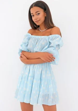 Maud - daisy patterned light blue mini dress