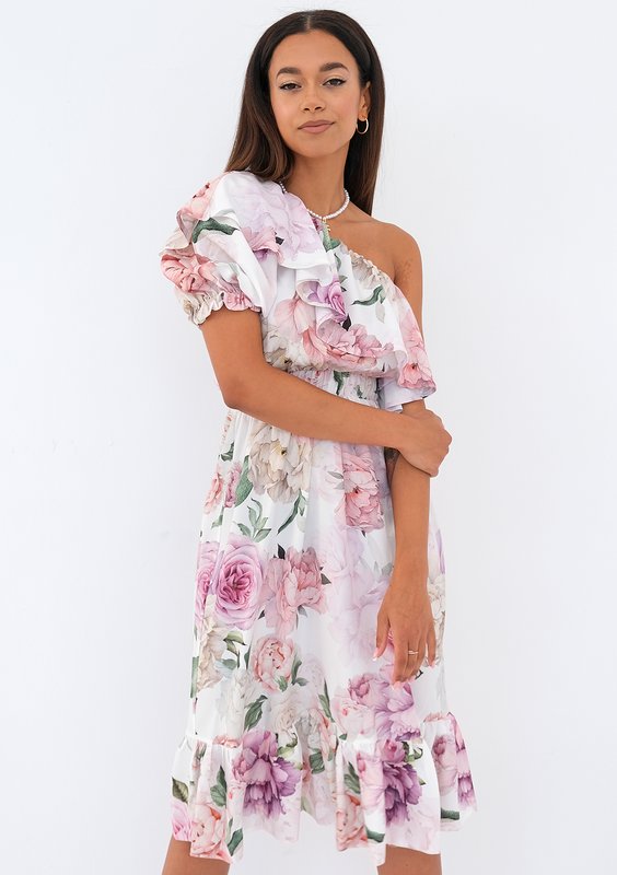 Jasmine - peonia patterned frilled midi dress