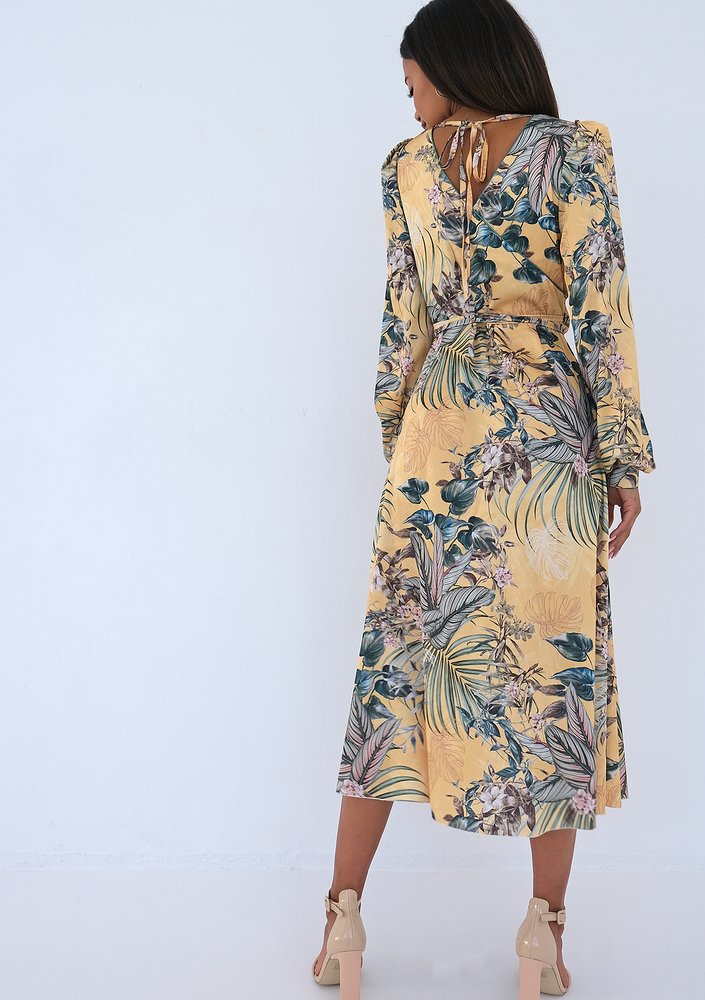 Jade - yellow midi wrap dress in leaves