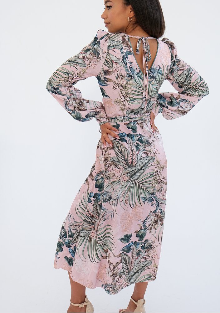 Jade - powder pink midi wrap dress in leaves