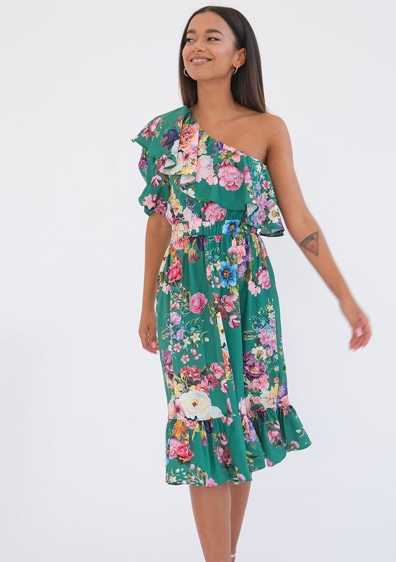 Jasmine - green floral frilled midi dress