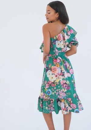 Jasmine - Sukienka midi z falbaną Green Floral