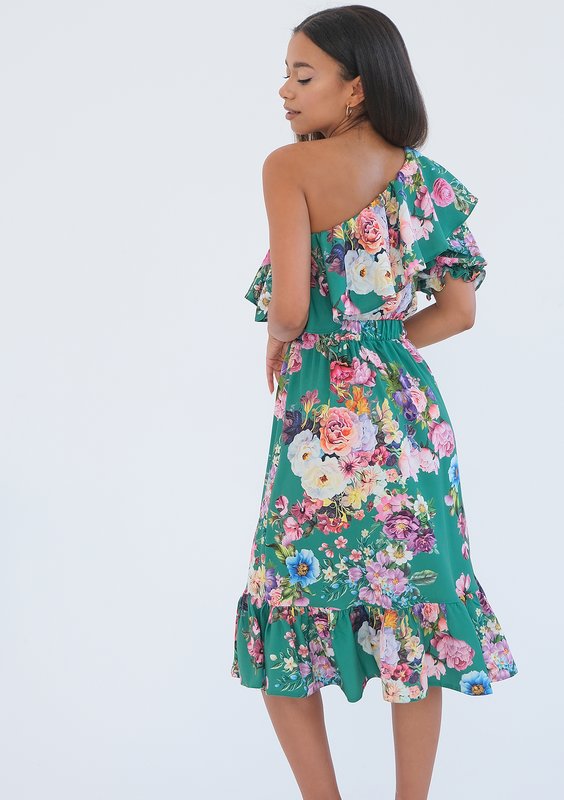 Jasmine - green floral frilled midi dress