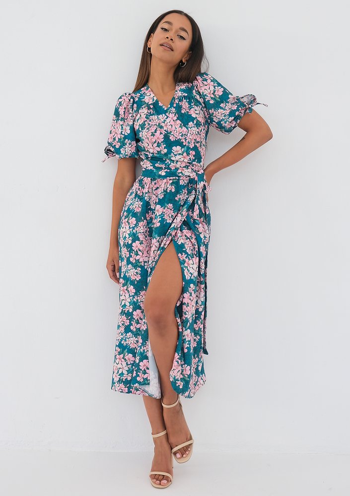 Milly - green floral wrap midi dress