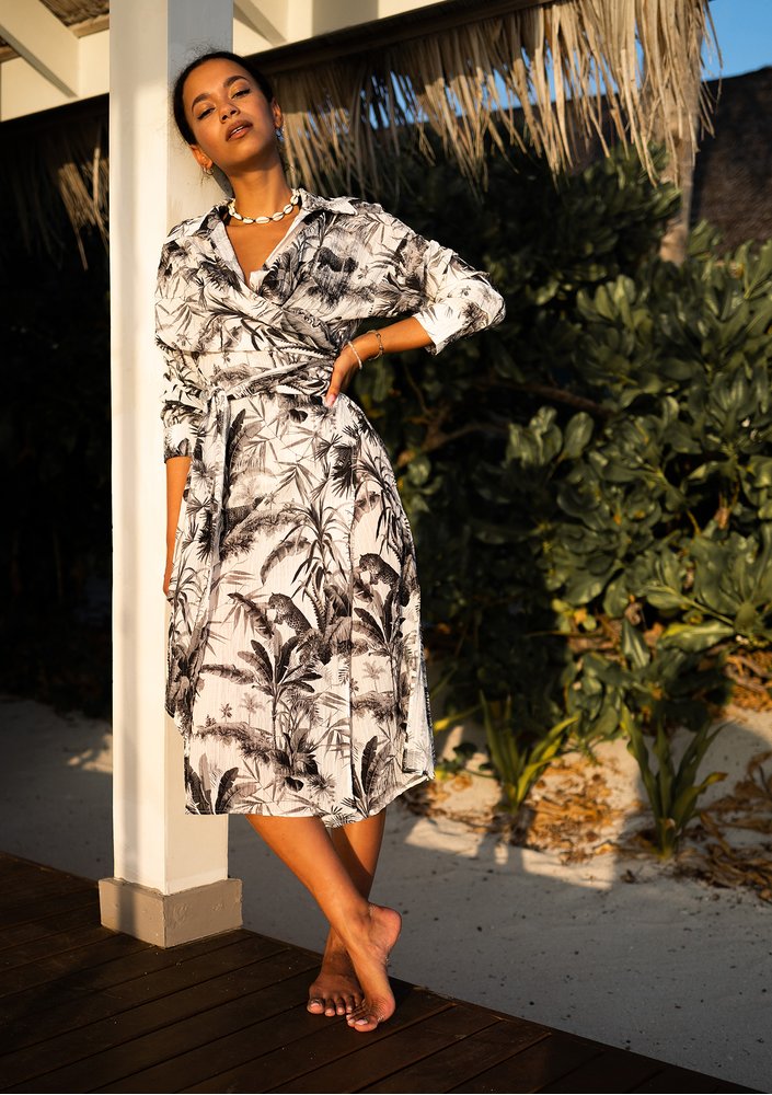 Gaya - black palms printed wrap shirt dress