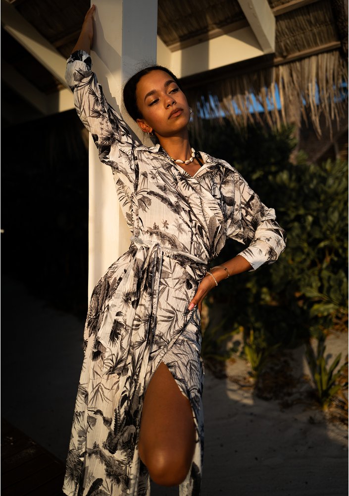 Gaya - black palms printed wrap shirt dress