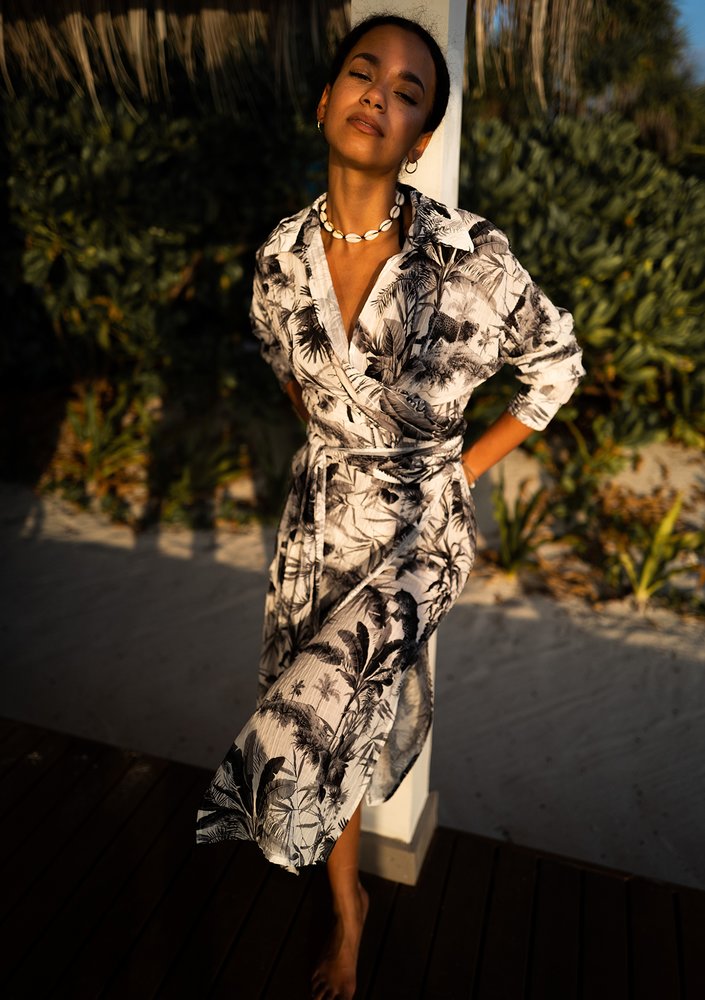Gaya - black palms printed wrap shirt dress