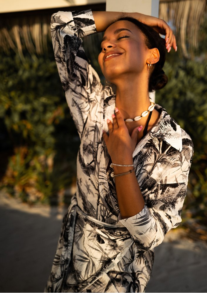 Gaya - black palms printed wrap shirt dress