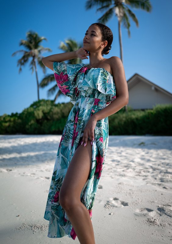 Jules - tropical printed ruffled midi dress