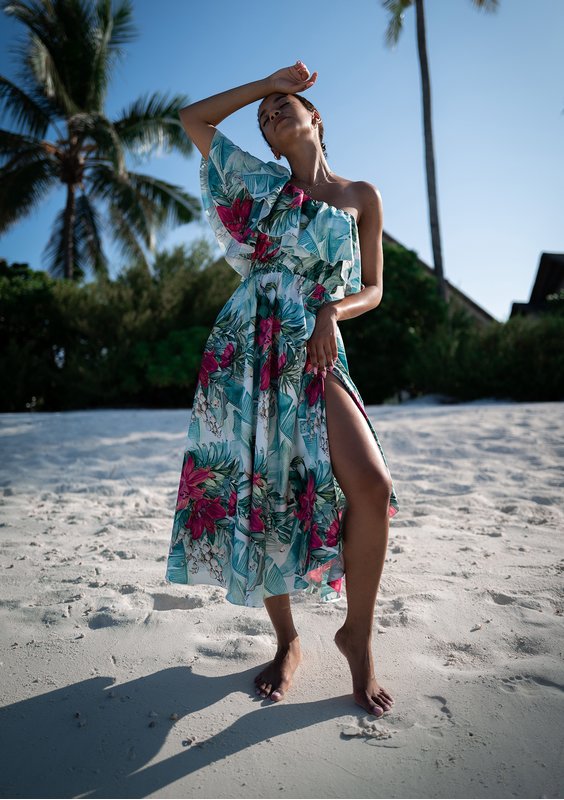 Jules - tropical printed ruffled midi dress