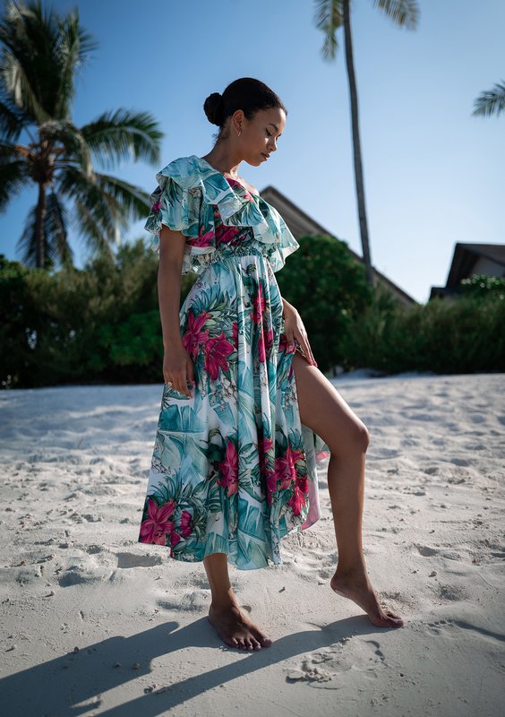 Jules - tropical printed ruffled midi dress