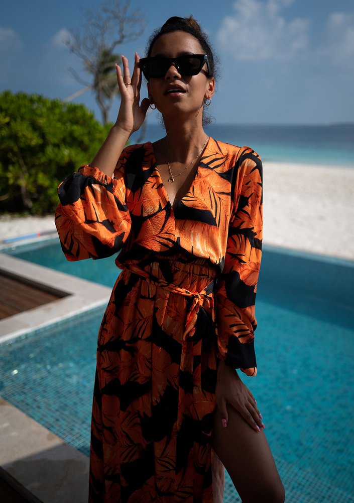 Adele - Maxi dress with orange leaves print