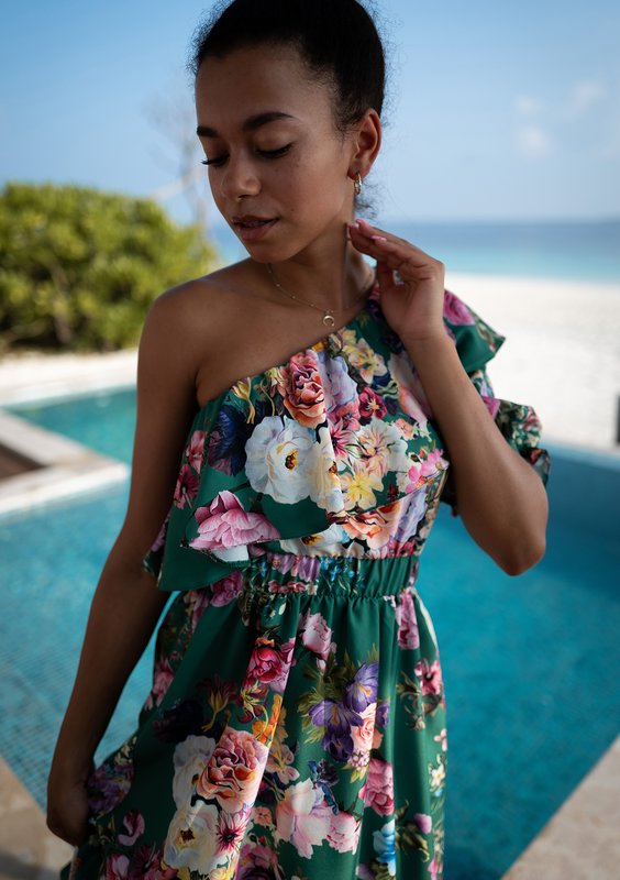 Jasmine - green floral frilled midi dress