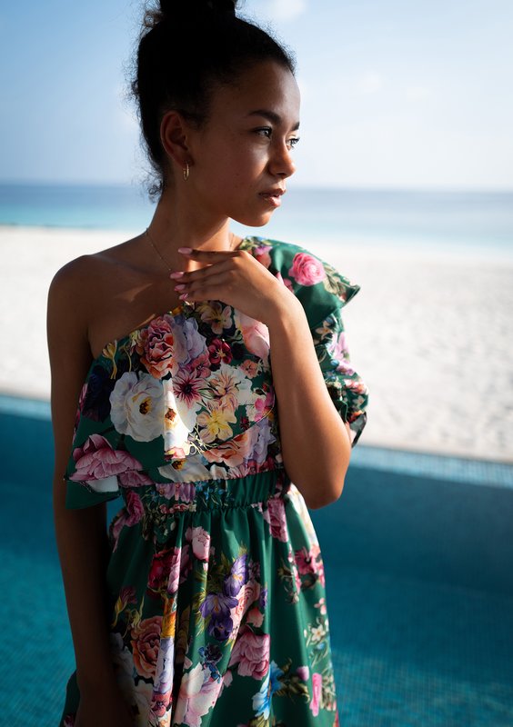 Jasmine - green floral frilled midi dress