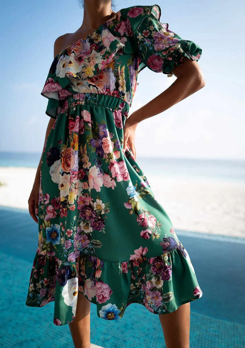 Jasmine - Sukienka midi z falbaną Green Floral