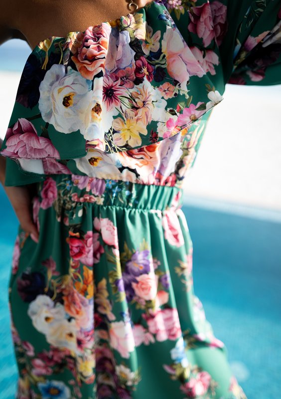 Jasmine - Sukienka midi z falbaną Green Floral