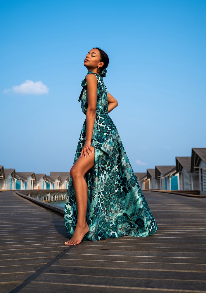 Iris - snake printed green satin maxi dress