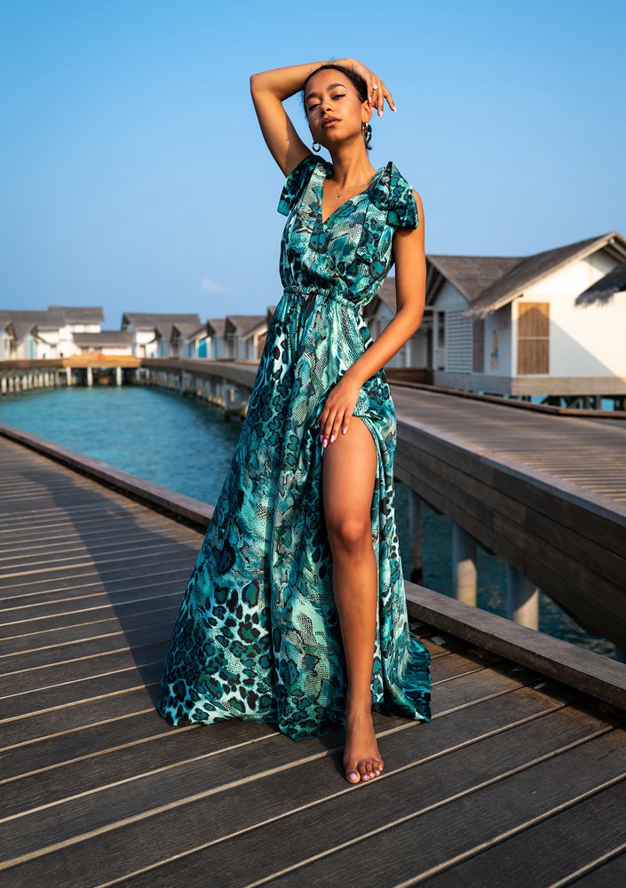 Iris - snake printed green satin maxi dress