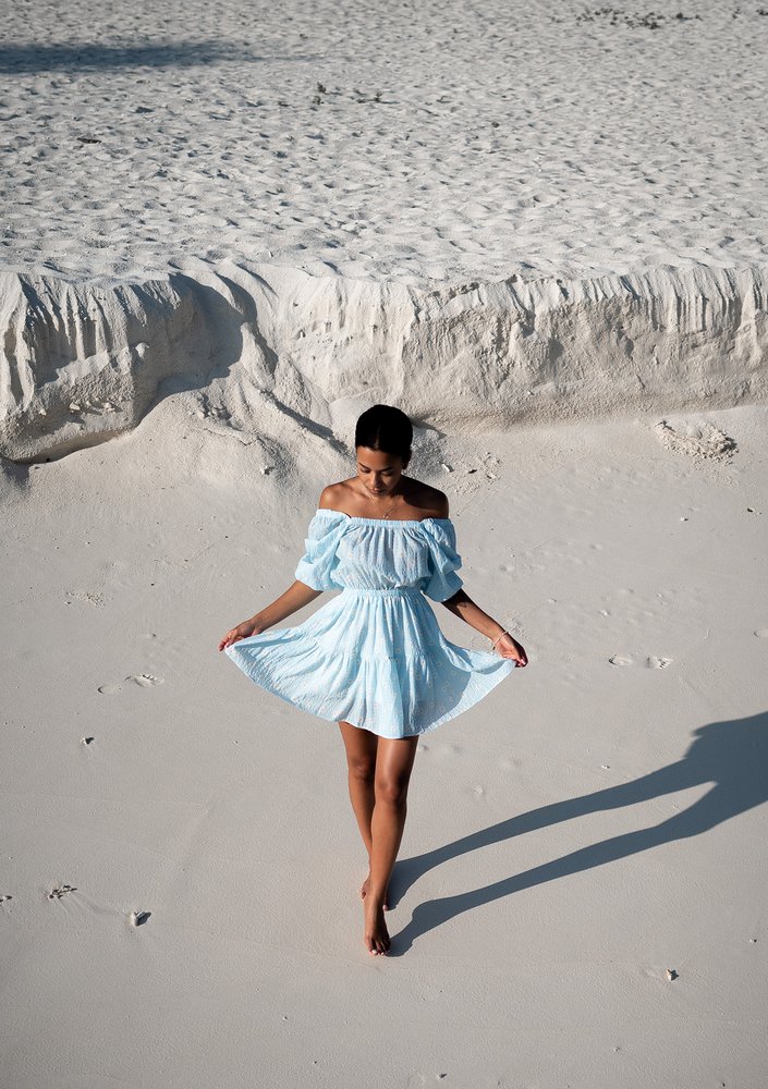 Maud - daisy patterned light blue mini dress