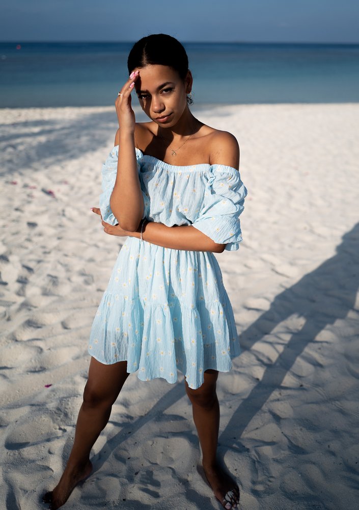 Maud - daisy patterned light blue mini dress