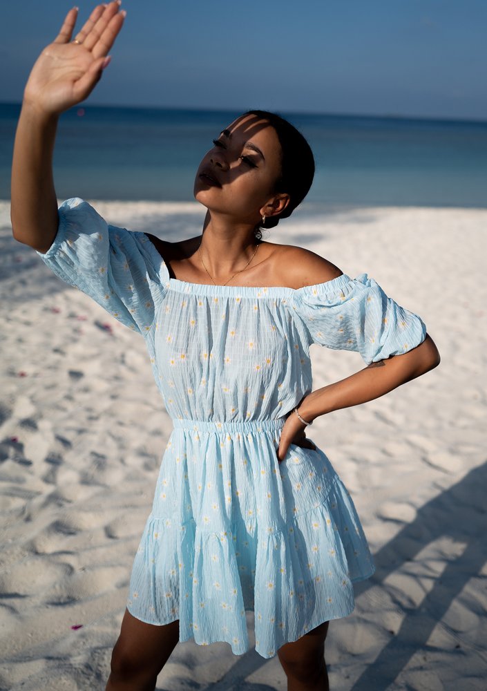 Maud - daisy patterned light blue mini dress