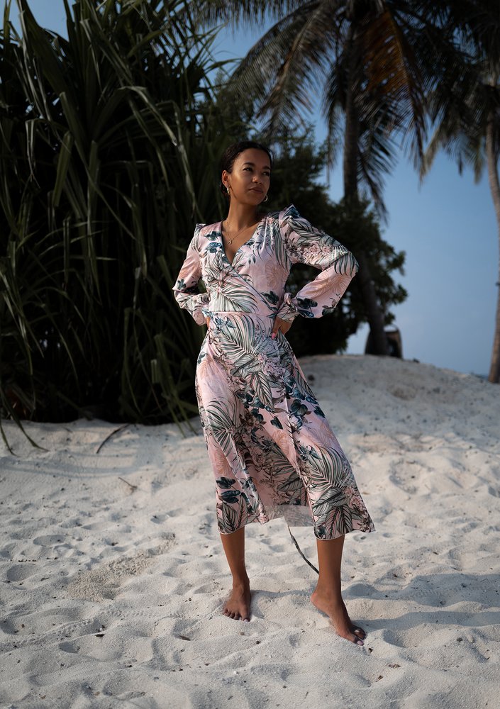 Jade - powder pink midi wrap dress in leaves