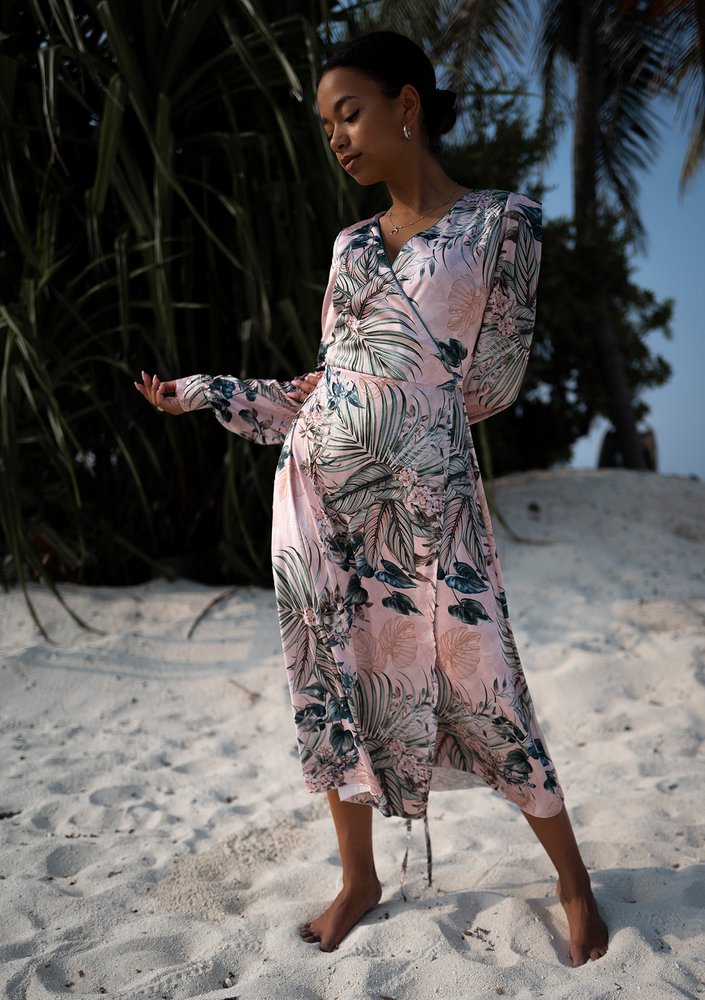 Jade - powder pink midi wrap dress in leaves