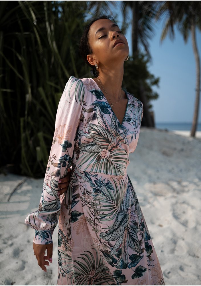 Jade - powder pink midi wrap dress in leaves