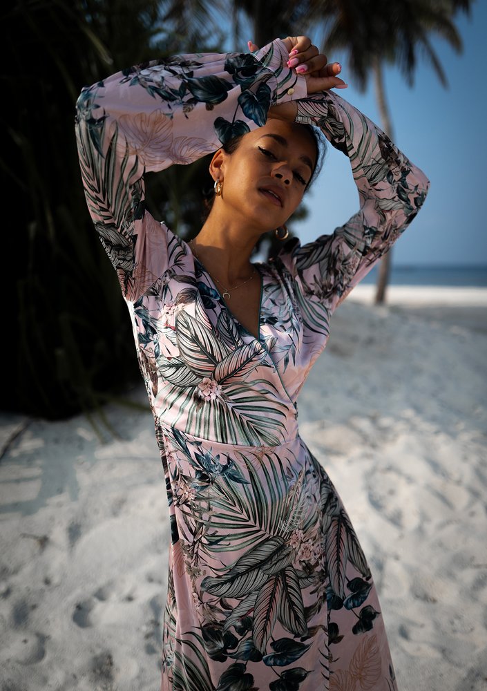 Jade - powder pink midi wrap dress in leaves