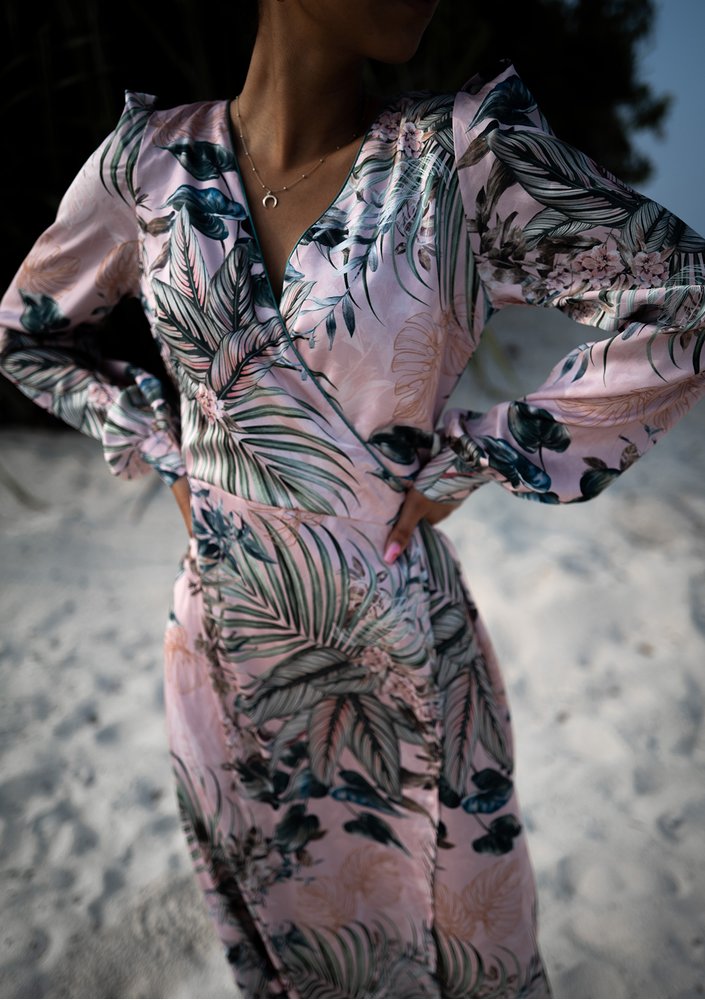 Jade - powder pink midi wrap dress in leaves