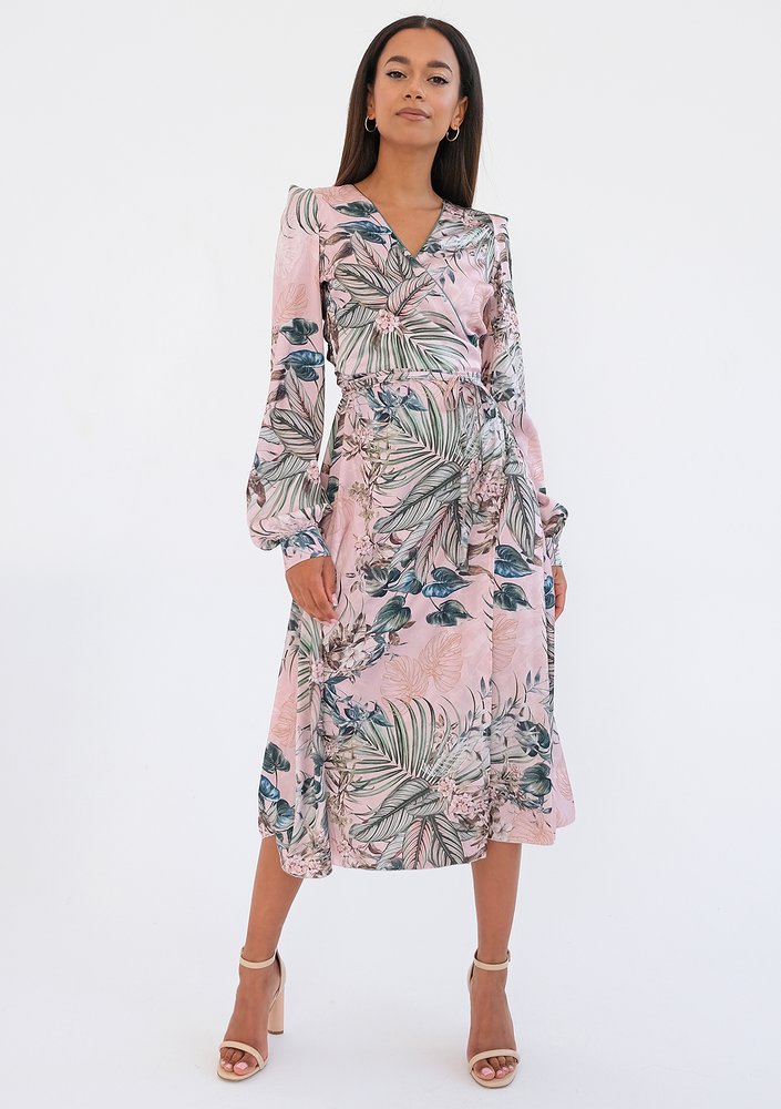 Jade - powder pink midi wrap dress in leaves