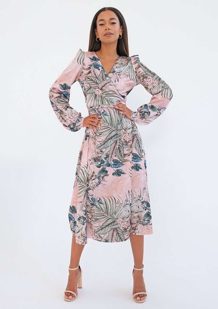 Jade - powder pink midi wrap dress in leaves