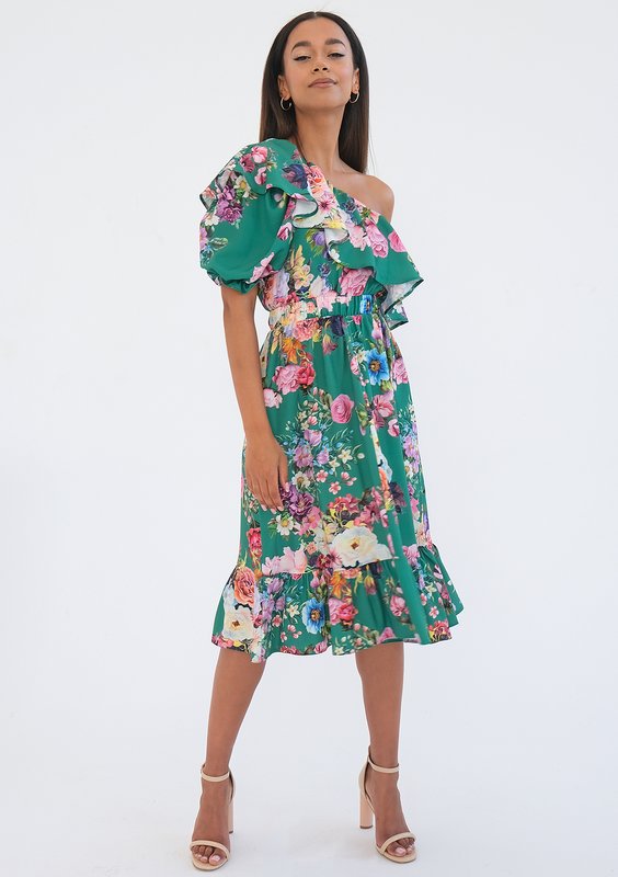 Jasmine - Sukienka midi z falbaną Green Floral