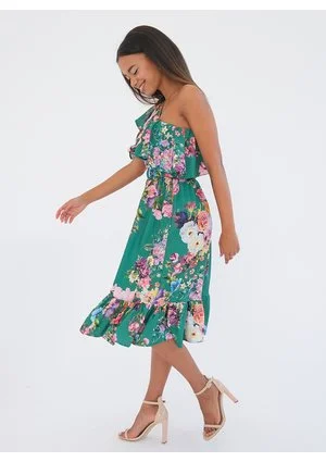 Jasmine - Sukienka midi z falbaną Green Floral