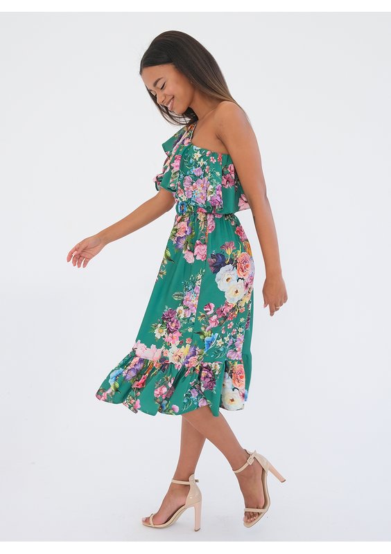 Jasmine - Sukienka midi z falbaną Green Floral