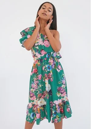 Jasmine - green floral frilled midi dress