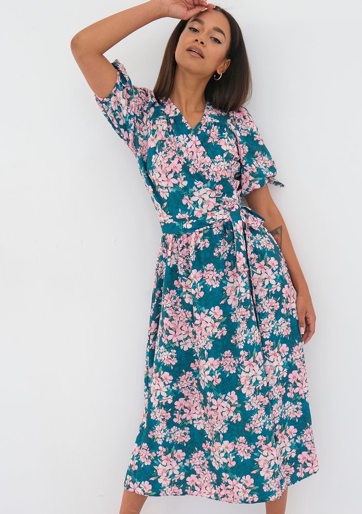 Milly - green floral wrap midi dress