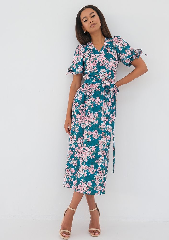 Milly - green floral wrap midi dress