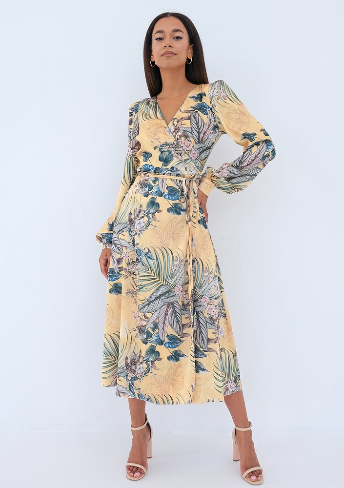 Jade - yellow midi wrap dress in leaves