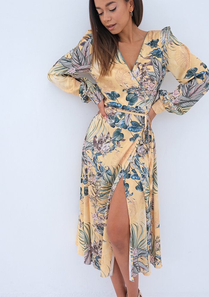 Jade - yellow midi wrap dress in leaves
