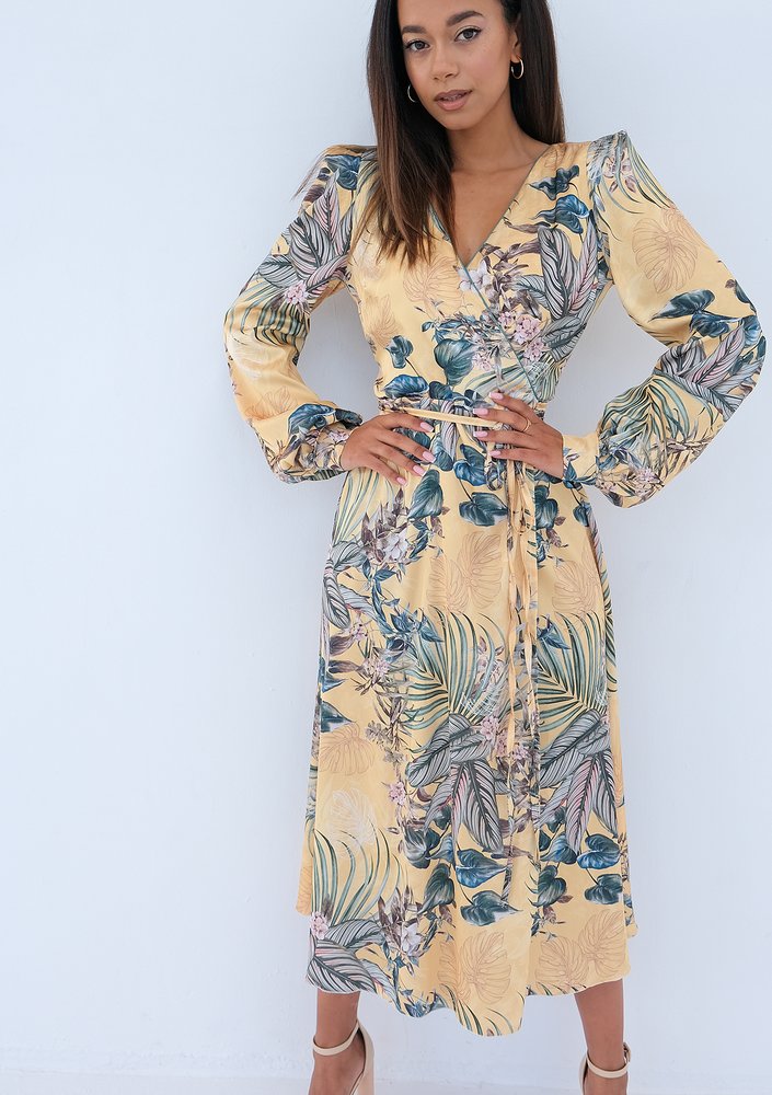 Jade - yellow midi wrap dress in leaves